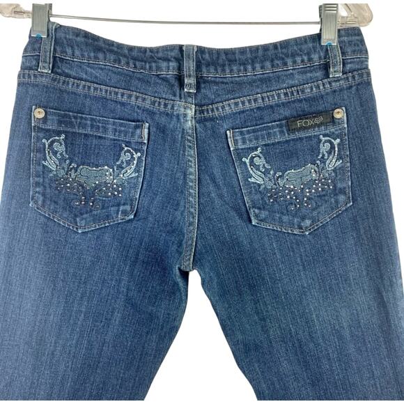 VTG FOX Racing Bootcut Denim Jeans Womens SZ 7 Rhinestone Embellished Logo Y2K - Picture 2 of 11